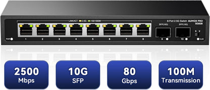 10 Port 2.5Gb Unmanaged Ethernet Switch with 8* 2.5G Base-T Ports, 2*10G SFP Ports, AUMOX PRO 80 Gbps Vlan Switching Capacity Compatible with 100/1000/2500Mbps Plug and Play