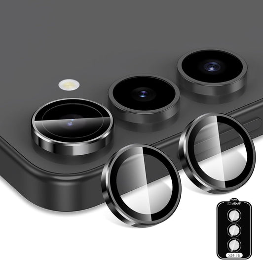 for Samsung Galaxy S24 FE Camera Lens Protector, Individual Metal Ring Tempered Glass Lens Cover, [Strong Adsorption] Scratch Resistant Ultra-Thin HD Clear Lens Cover, 1 Set-Black Ring