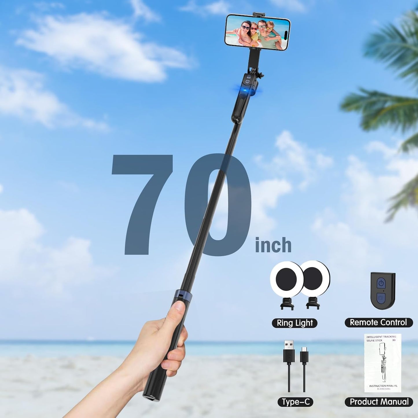Face Tracking Tripod for iPhone with Light,70 inch Phone Tripod Holder with Remote,Travel Selfie Stick for Content Creator Vlog Live Stream Video Recording