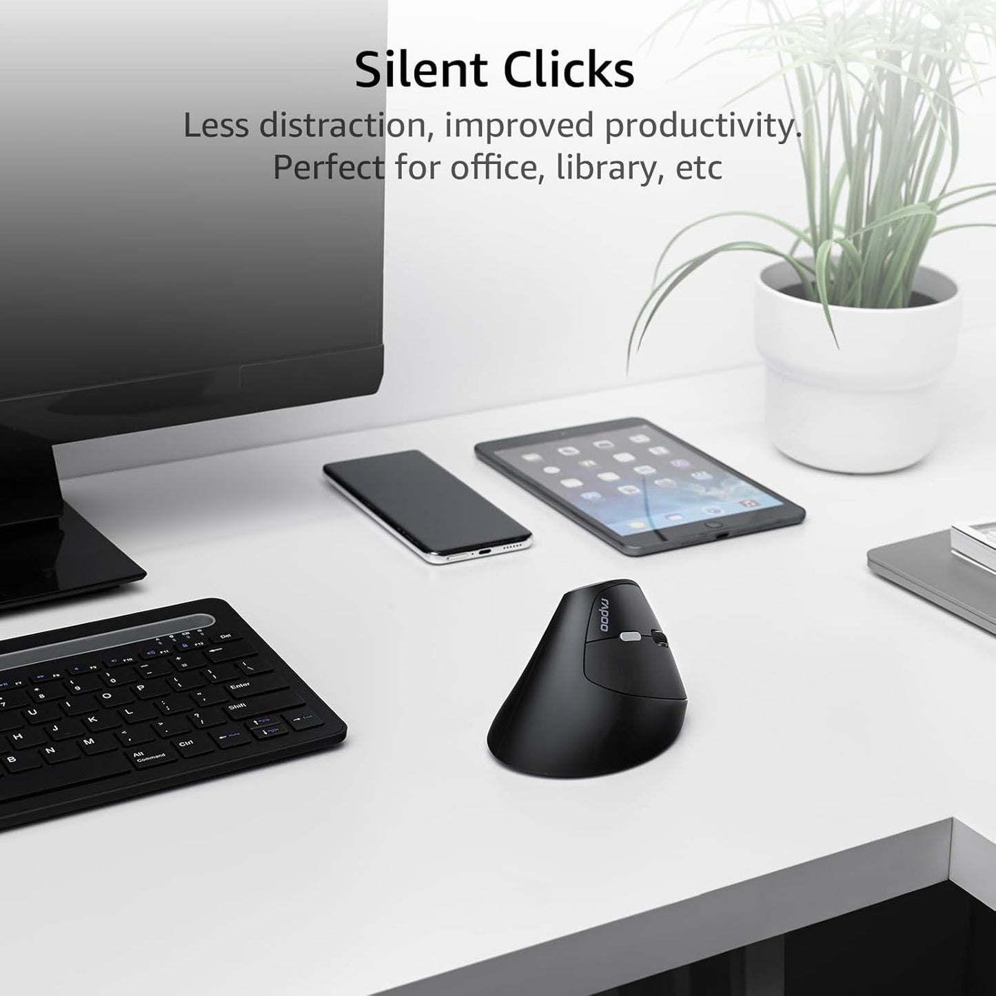 Rapoo EV250 Silent Vertical Ergonomic Mouse, 2.4G Wireless Optical Mouse, 800/1000/1200/1600 DPI, Quiet Clicks, 5 Buttons, Compatible with Windows/Mac OS/iPad OS, Laptop, PC - Black