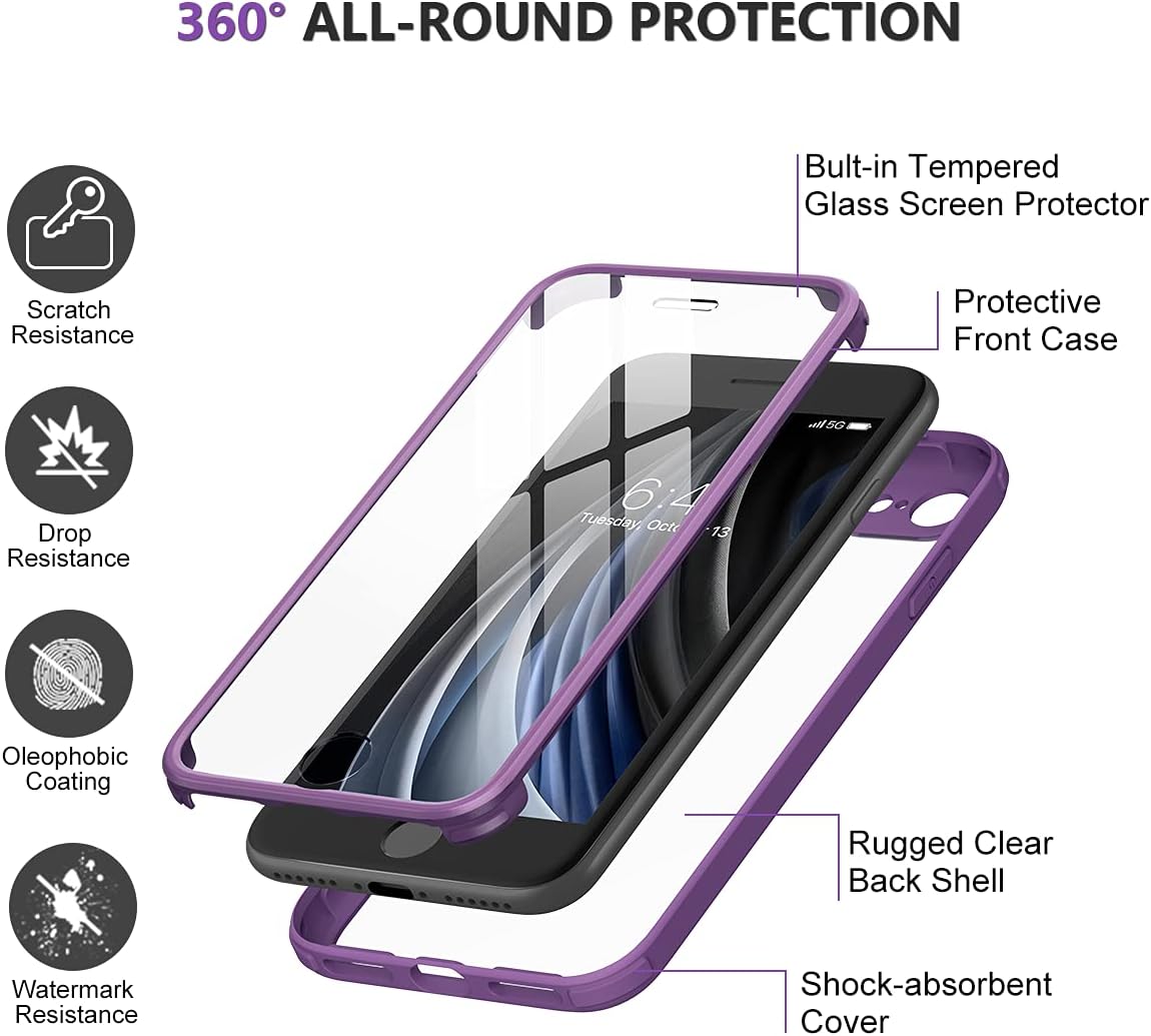 Miracase for iPhone SE Phone Case 3rd/2nd Generation 2022 2020 Full-Body with Built-in Glass Screen Protector, Heavy Duty 360° Protective Shockproof Bumper Cover for iPhone 8/SE, Purple