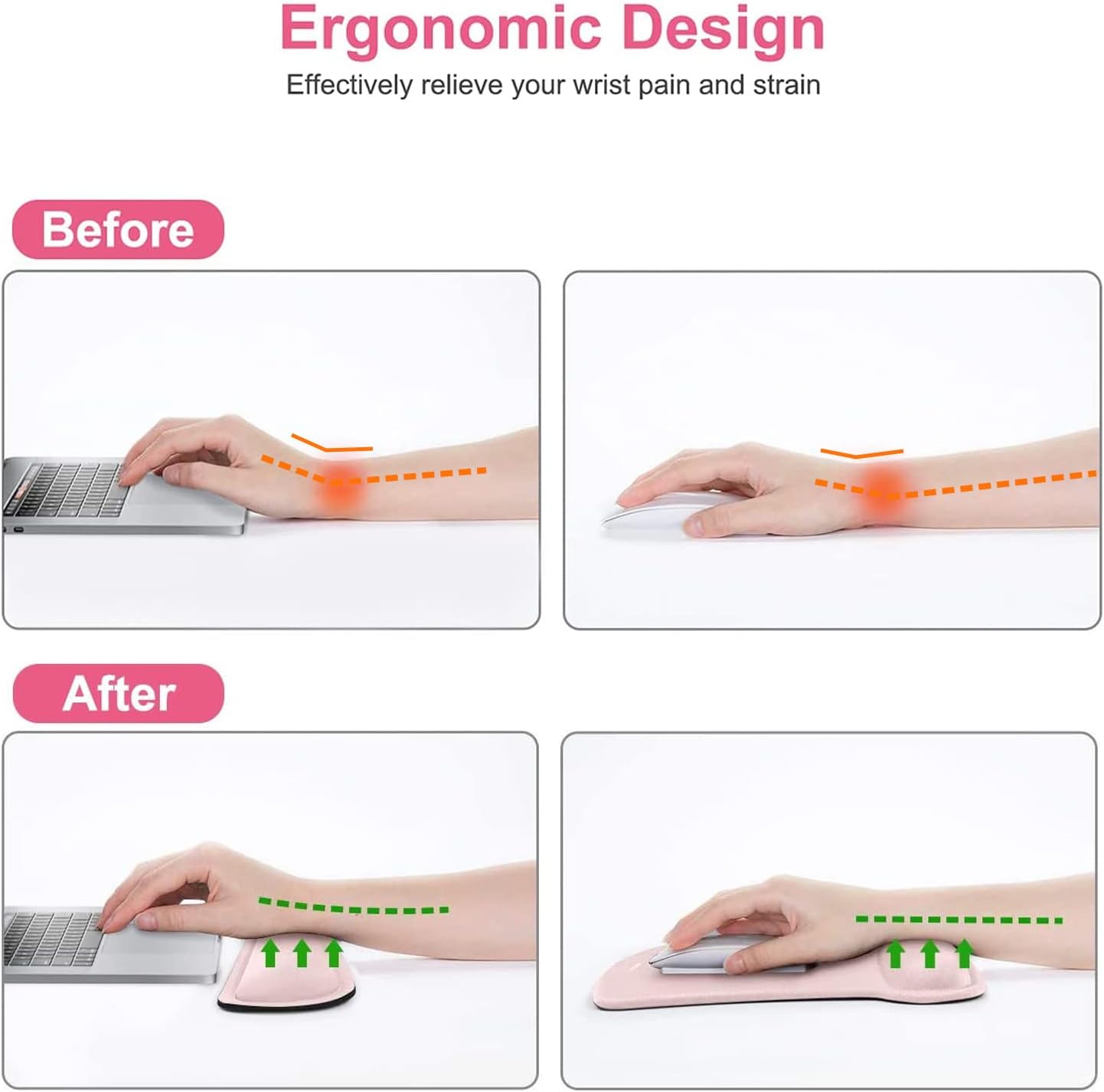 MOSISO Wrist Rest Support for Mouse Pad & Keyboard Set, Ergonomic Mousepad Non-Slip Base Home/Office Pain Relief & Easy Typing Cushion with Neoprene Cloth & Raised Memory Foam, Pink