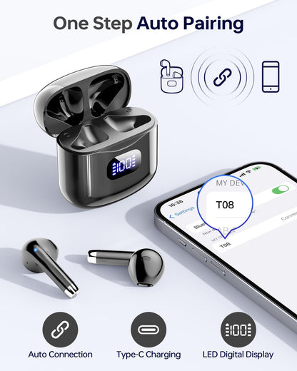 Wireless Earbuds Bluetooth 5.3 Ear Buds, Bluetooth Headphones with LED Display Charging Case, 40Hrs Playtime Stereo Sound, IPX7 Waterproof in-Ear Earphones with Mic for Phone Tablet Sports, Charcoal
