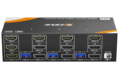 USB 3.0 KVM Switch 3 Monitors 3 Computers Displayport HDMI, Triple Monitor KVM Switch 8K@60Hz 4K@144Hz for 3 Computers Share Mouse Keyboard, Wired Remote and Power Adapter