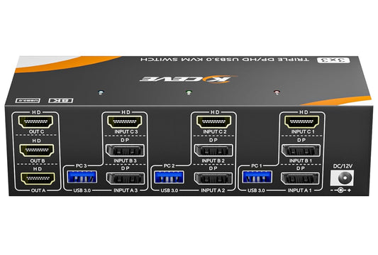 USB 3.0 KVM Switch 3 Monitors 3 Computers Displayport HDMI, Triple Monitor KVM Switch 8K@60Hz 4K@144Hz for 3 Computers Share Mouse Keyboard, Wired Remote and Power Adapter