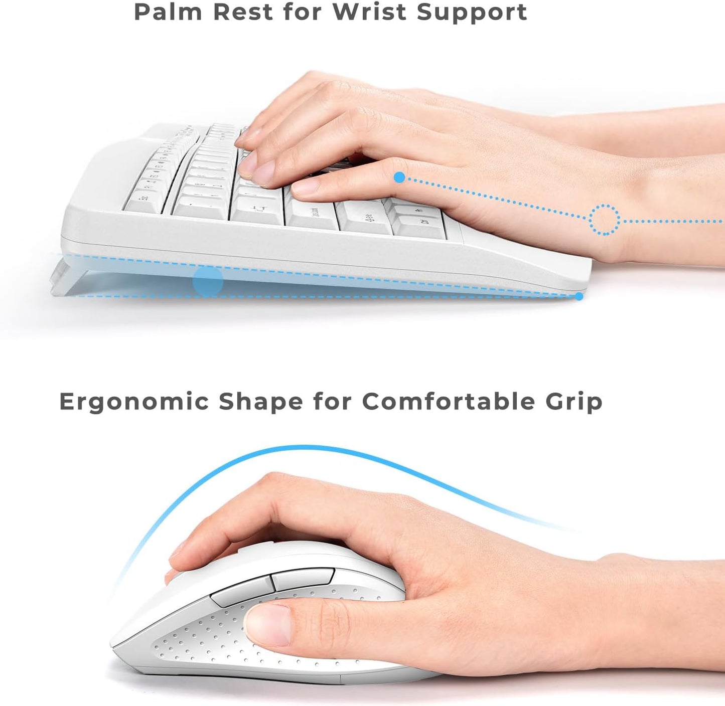 Ergonomic Keyboard and Mouse Combo - Full Size Keyboard Cordless with Palm Wrist Rest Ergonomic Mouse Wireless for Windows Computers Laptops - White(Upgrade)