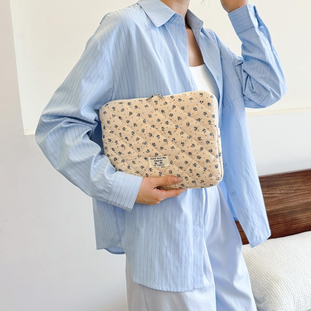 Puffy Laptop Sleeve 13-15.6 Inch Cute Quilted Laptop Protective Case Padded Floral Computer Sleeve for MacBook (A-Blue, 11 Inch)