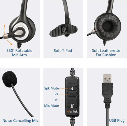 USB Headset with Microphone Noise Cancelling & Audio Controls, Computer Headphones for PC Laptop, Business, Home Office, Call Center, Skype, Zoom, Webinar, Clear Chat, Super Light,Single