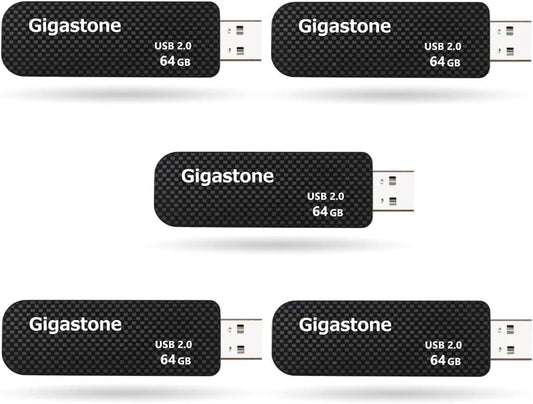 GIGASTONE V30 64GB USB 2.0 Flash Drive 5-Pack, Capless Retractable Design Pen Drive, Carbon Fiber Style, Reliable Performance & Durable