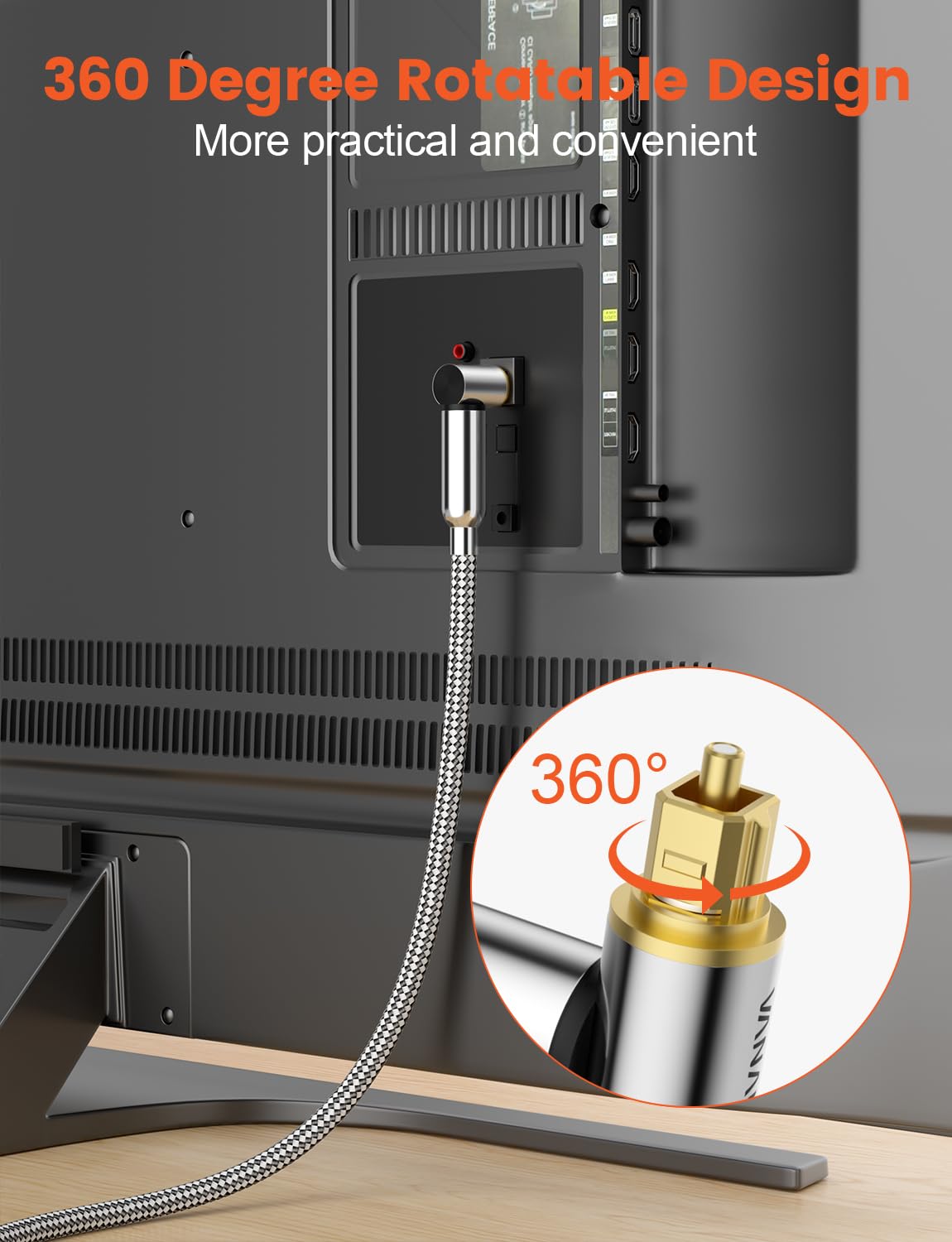 VANAUX 90-Degree Optical Audio Cable 10FT,Premium Fiber Optic Toslink Cable(24K Gold-Plated Connectors,Aluminum Alloy Shell,Braided Jacket)Ideal for Tight Spaces,Home Theater,Soundbars,Gaming Consoles