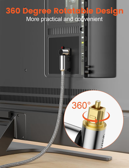 VANAUX 90-Degree Optical Audio Cable 3FT,Premium Fiber Optic Toslink Cable(24K Gold-Plated Connectors,Aluminum Alloy Shell,Braided Jacket)Ideal for Tight Spaces,Home Theater,Soundbars,Gaming Consoles