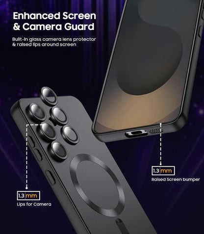 Magnetic for Samsung Galaxy S25 Plus Case [Compatible with MagSafe][Built-in Camera Lens Protector] Slim Soft Silicone Bumper Shockproof Metallic Luster Phone Shell (Black)