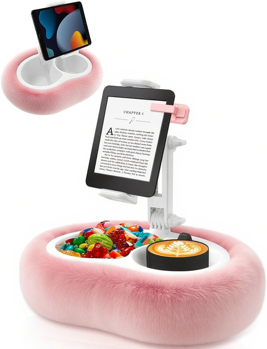 Tablet Pillow Stand, Compatible with 4.7"-12.9" Kindle, iPad, Phone/Tablet, Google, 360° Rotating Phone Holder for Bed, Detachable Bowl, Reading and Relaxation on Bed, Pink, Large (Faux Fur Pillow)