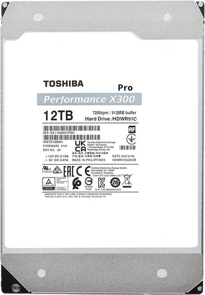 Toshiba X300 PRO 12TB High Workload Performance for Creative Professionals 3.5-Inch Internal Hard Drive – Up to 300 TB/Year Workload Rate CMR SATA 6 GB/s 7200 RPM 512 MB Cache - HDWR51CXZSTB