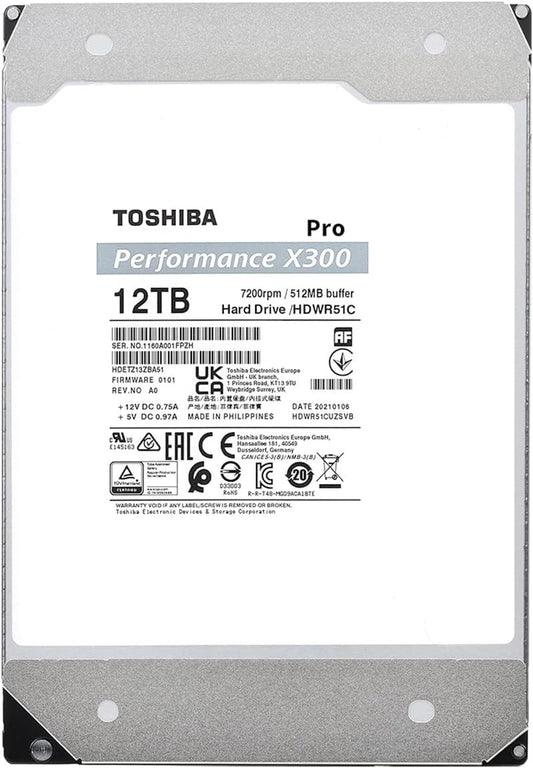 Toshiba X300 PRO 12TB High Workload Performance for Creative Professionals 3.5-Inch Internal Hard Drive – Up to 300 TB/Year Workload Rate CMR SATA 6 GB/s 7200 RPM 512 MB Cache - HDWR51CXZSTB