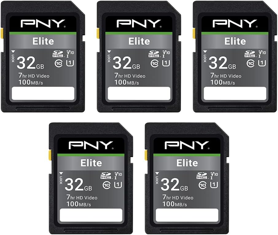 PNY 32GB Elite Class 10 U1 V10 SDHC Flash Memory Card - 100MB/s Read, Class 10, U1 Full HD, UHS-I, Full Size SD (Pack of 5)