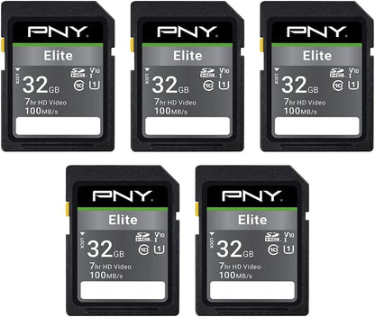 PNY 32GB Elite Class 10 U1 V10 SDHC Flash Memory Card - 100MB/s Read, Class 10, U1 Full HD, UHS-I, Full Size SD (Pack of 5)