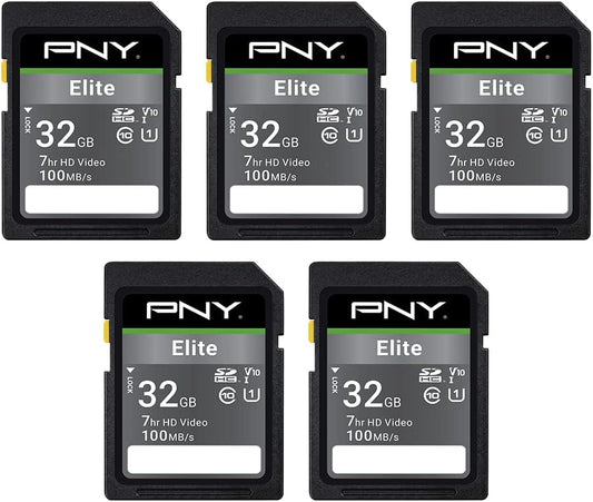 PNY 32GB Elite Class 10 U1 V10 SDHC Flash Memory Card - 100MB/s Read, Class 10, U1 Full HD, UHS-I, Full Size SD (Pack of 5)