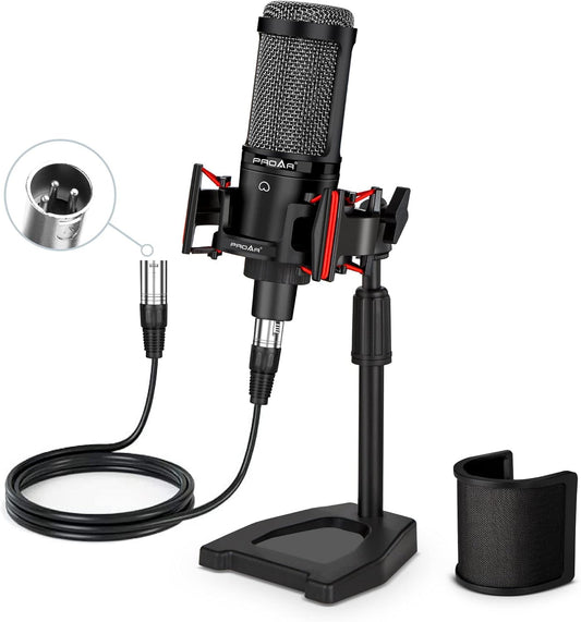 XLR Podcast Microphone Professional Cardioid Condenser Microphone for PC Computer Studio XLR Mic Kit for Recording/Podcasting/Streaming/Voice Over/ASMR/Home Studio/YouTube with Desktop Stand