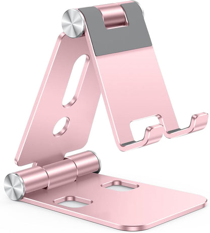 OMOTON Foldable Cell Phone Stand, C4 Portable Aluminum Phone Holder, Adjustable Phone Dock Cradle Compatible with iPhone 16/15/14/13 Pro Max, Samsung Galaxy, Small Tablets, All Smart Phones, Rose Gold