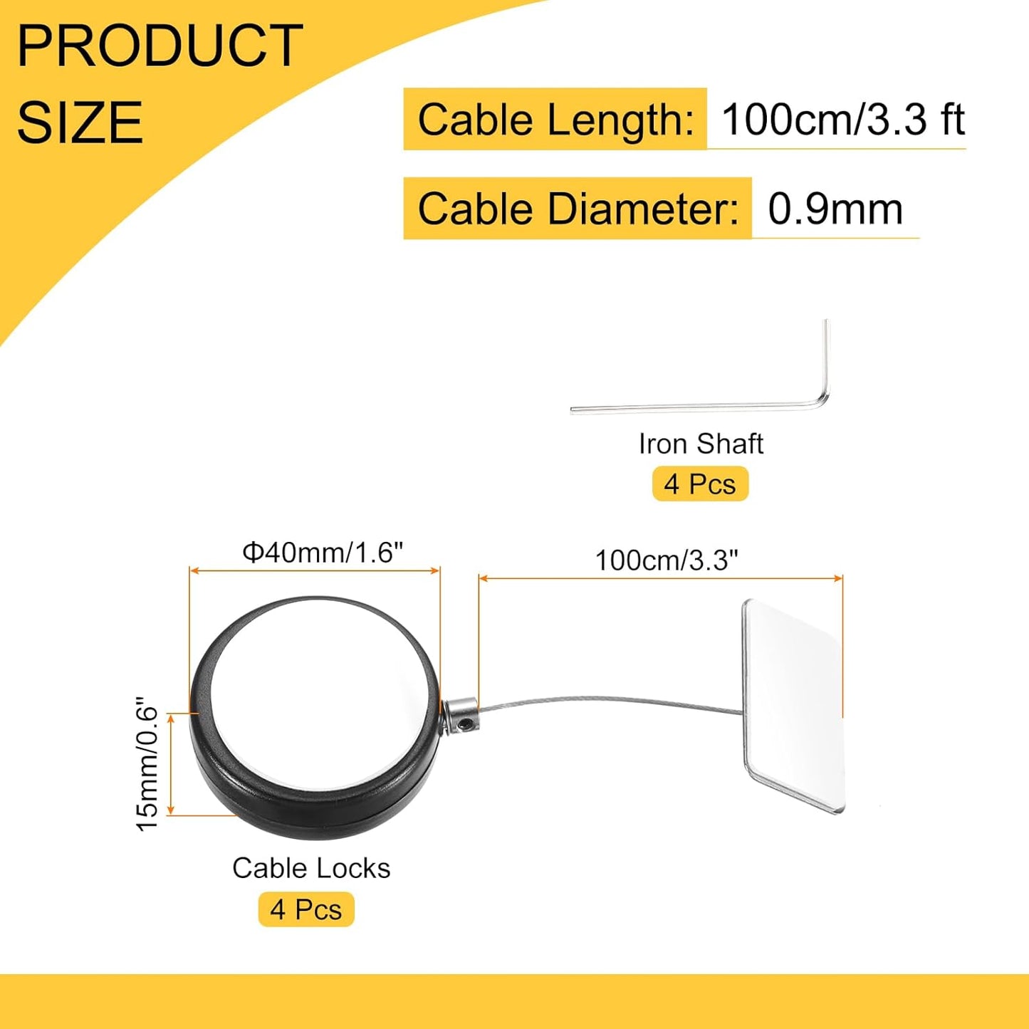 MECCANIXITY 3.3ft Retractable Cable Lock with Square Patch Remote Control Security Lock with Adjustable Cord Tether Anti Theft for Laptop, TV, 150 G, Black, 4 Pack