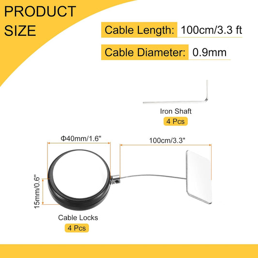 MECCANIXITY 3.3ft Retractable Cable Lock with Square Patch Remote Control Security Lock with Adjustable Cord Tether Anti Theft for Laptop, TV, 150 G, Black, 4 Pack