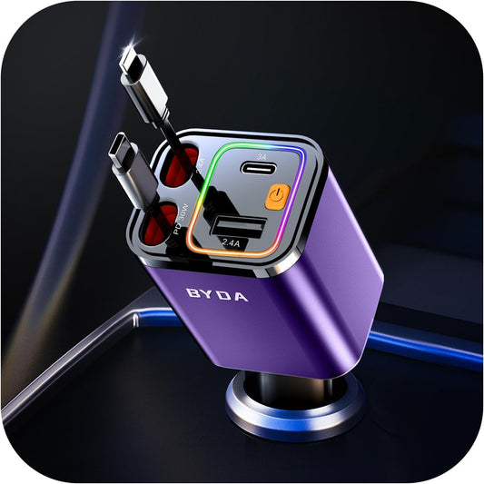 [2025 Mirco-Version] 4 in 1 Retractable Car Charger,69W Car Charger USB C,Cigarette Lighter Adapter,Fast Charging for iPhone 16e/16/15/14,13,Android (Purple, for Lightning+USB-C)