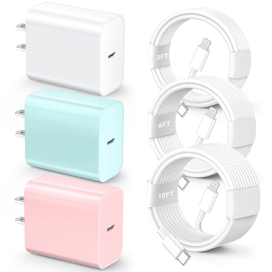 for iPhone 14 13 12 11 Fast Charger, [MFi Certified] 3 Pack 20W USB C Charger Block with 3FT&6FT&10FT USB C to ightning Fast Charging Cable Compatible with iPhone 14/13/12/11/Pro/Pro Max/Xs/Xr/X