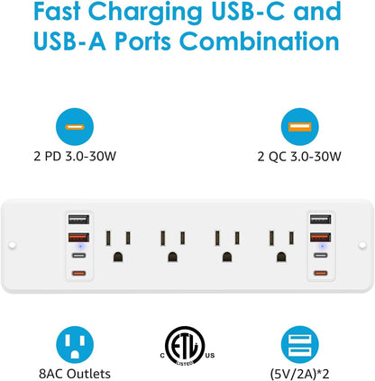 HHSOET 16 in 1 Recessed Power Strip Flat Plug, 30W Fast Charging Furniture Outlet with USB, Conference Recessed Surge Protection with 8 AC Plugs, 4 USB Ports 4 USB-C, 6ft Power Cord.(White)