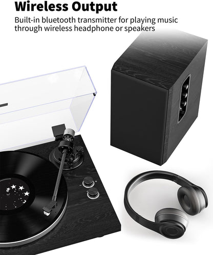 Turntable Vinyl Record Player Support Bluetooth Output Phono/Line Switch Pitch Control with Pre-Installed Counterweight & Magnetic Cartridge, Belt Drive 2 Speed