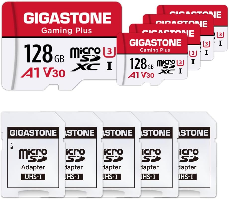 GIGASTONE Micro SD Card 128GB 5-Pack, Gaming Plus, MicroSDXC Memory Card for Nintendo-Switch 1, Security Camera, Dash Cam, UHS-I U3 A1 Class 10, up to 100MB/s, with MicroSD to SD Adapter