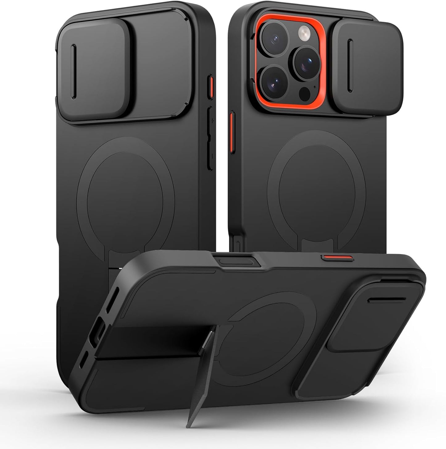 SURITCH for iPhone 16 Pro Max Case with Magnetic Camera Slide Cover and Adjustable Kickstand, Compatible with MagSafe, Shockproof Bumper Case Slim Protective Cover 6.9 Inch, Black