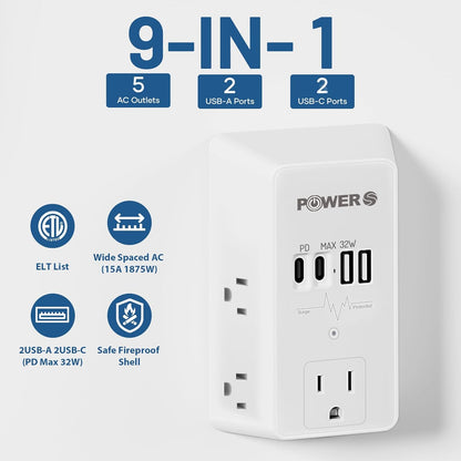 20W PD Fast Charging Wall Outlet with USB Ports (2C2A), Electrical Outlet Extender, Surge Protector, Wall Plug Adapter for Multiple Devices, Wall Socket Expander