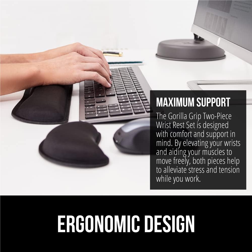 GORILLA GRIP Silky Memory Foam Wrist Rest for Computer Keyboard, Mouse, Ergonomic Design for Typing Pain Relief, Desk Pads Support Hand and Arm, Mousepad Rests, Stain Resistant, 2 Piece Pad, Black
