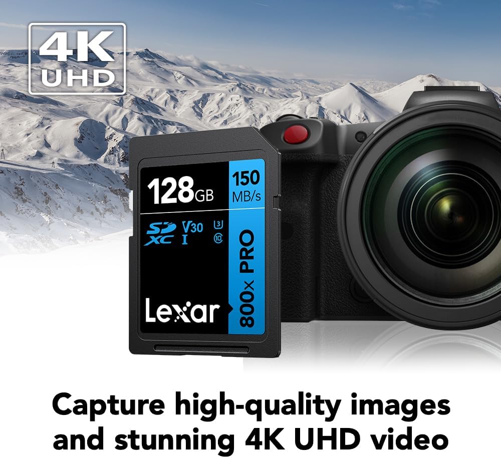 Lexar 128GB High-Performance 800x PRO SD Card, UHS-I, C10, U3, V30, 4K, Up to 150MB/s Read SDXC Memory Card, for Point-and-Shoot & Mid-Range DSLR Cameras, HD Camcorders (LSD0800P128G-BNNNU)