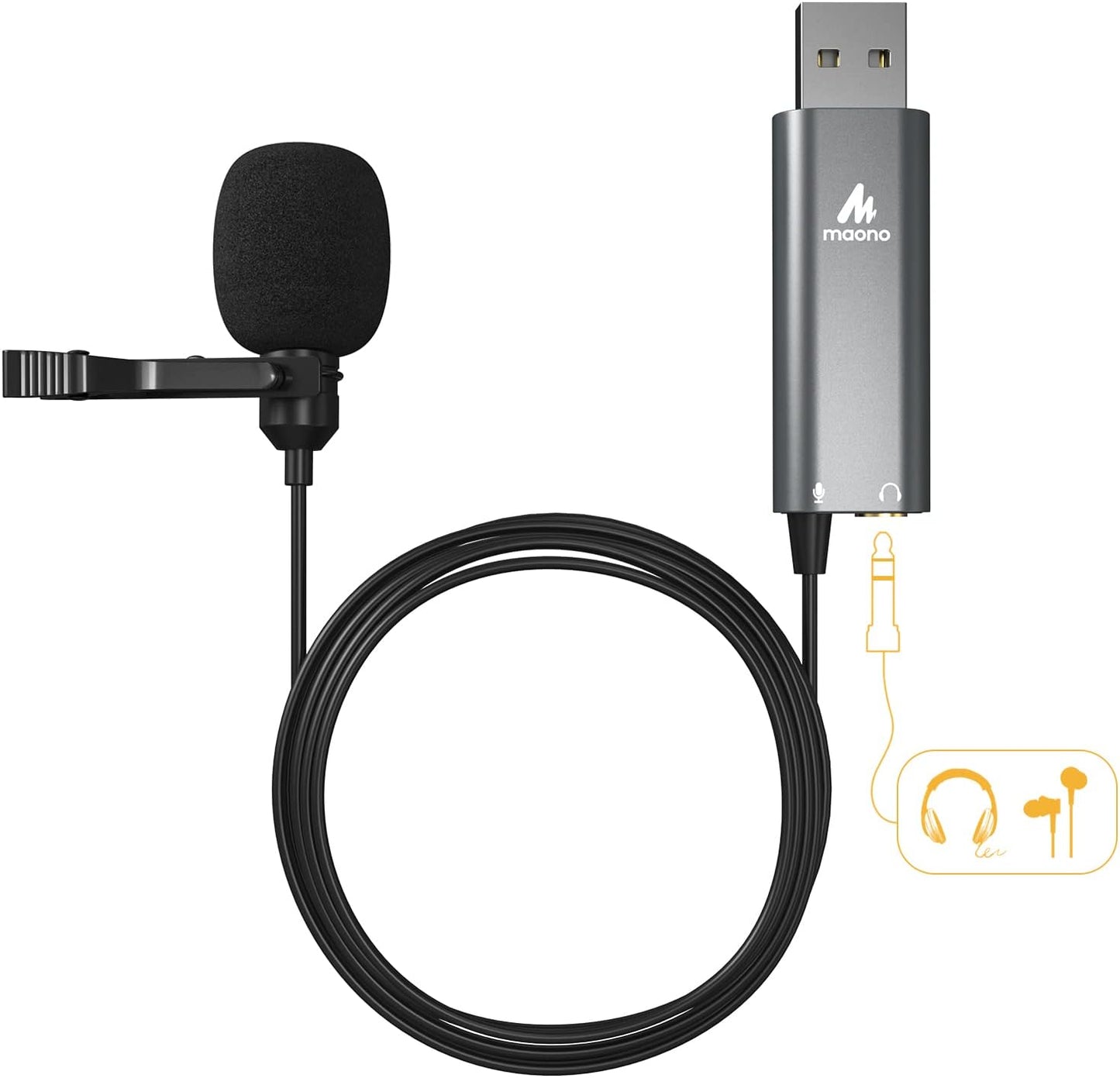 MAONO USB Lavalier Microphone with Headphones Jack, Omnidirectional Computer Lapel Clip Mic for Recording, Gaming, Streaming, Podcasting, YouTube, Skype, PC, Laptop, Mac, AU-UL20