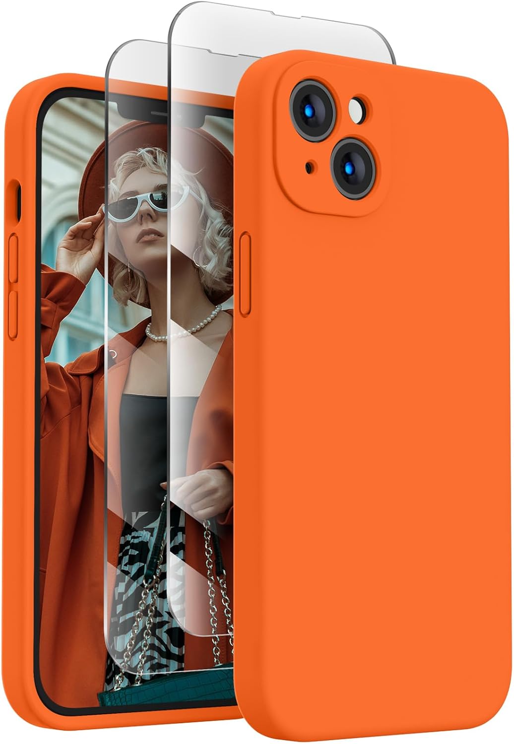FireNova Designed for iPhone 13 Case, Silicone Upgraded [Camera Protection] Phone Case with [2 Screen Protectors], Soft Anti-Scratch Microfiber Lining Inside, 6.1 inch, Neon Orange