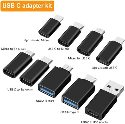 10-Piece Type C Adapter Kit, Compatible with Micro USB/Type C/USB OTG Adapter, Travel Case with and Carabiner, Includes USB Type C Cable