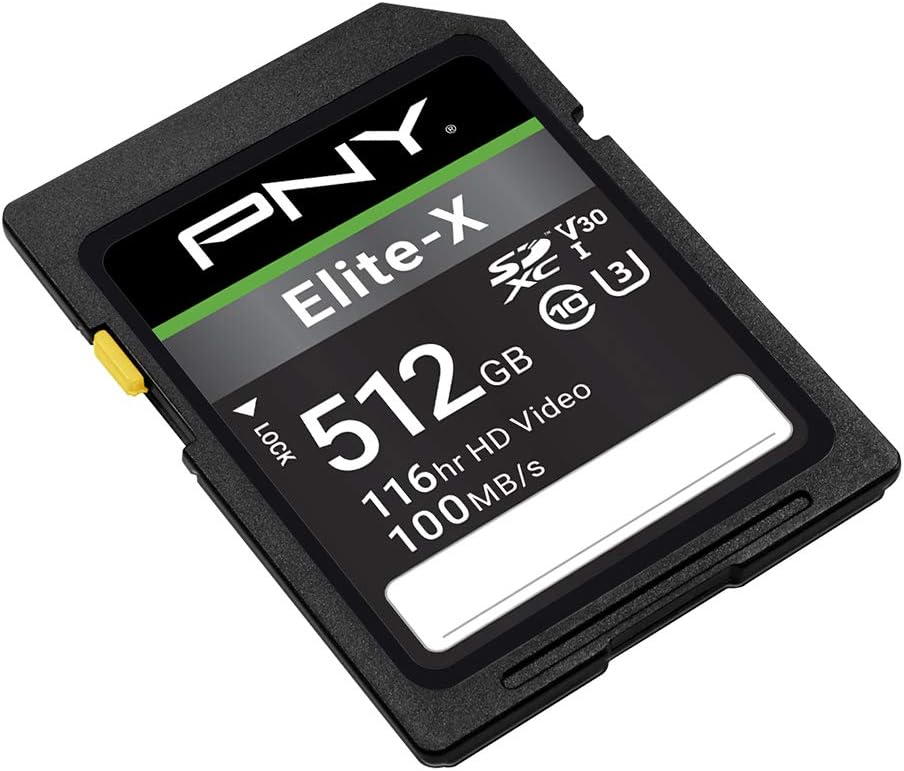 PNY 512GB Elite-X Class 10 U3 V30 SDXC Flash Memory Card - 100MB/s, Class 10, U3, V30, 4K UHD, Full HD, UHS-I, Full Size SD (Pack of 1)