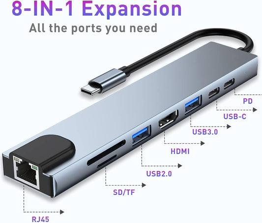 USB C HUB, 8 in 1 USB C Adapter with 4K HDMI, 100W PD, USB C Port, USB 3.0, RJ45 Ethernet, SD/TF Card Reader, Docking Station Compatible with MacBook Pro/Air USB C Laptops and Other Type C Devices