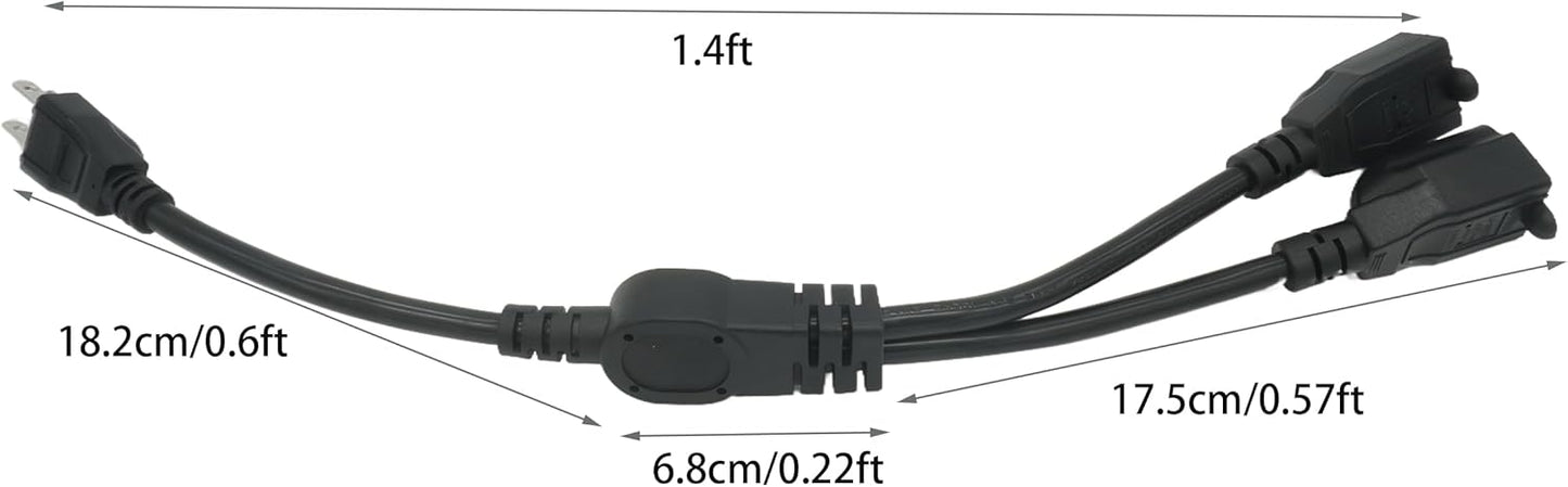 Y Splitter Extension Cord, 1.4FT 2 Way 1 to 2 Splitter Extension Cord, 3 Prong SJT 16AWG NEMA 5-15P to NEMA 5-15R x2, Male to Female Power Cord Cable Wire Extender Space Saver, 125V 13A 1625W, Black
