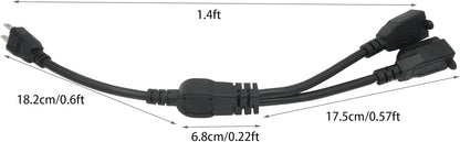 Y Splitter Extension Cord, 1.4FT 2 Way 1 to 2 Splitter Extension Cord, 3 Prong SJT 16AWG NEMA 5-15P to NEMA 5-15R x2, Male to Female Power Cord Cable Wire Extender Space Saver, 125V 13A 1625W, Black