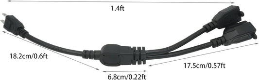 Y Splitter Extension Cord, 1.4FT 2 Way 1 to 2 Splitter Extension Cord, 3 Prong SJT 16AWG NEMA 5-15P to NEMA 5-15R x2, Male to Female Power Cord Cable Wire Extender Space Saver, 125V 13A 1625W, Black