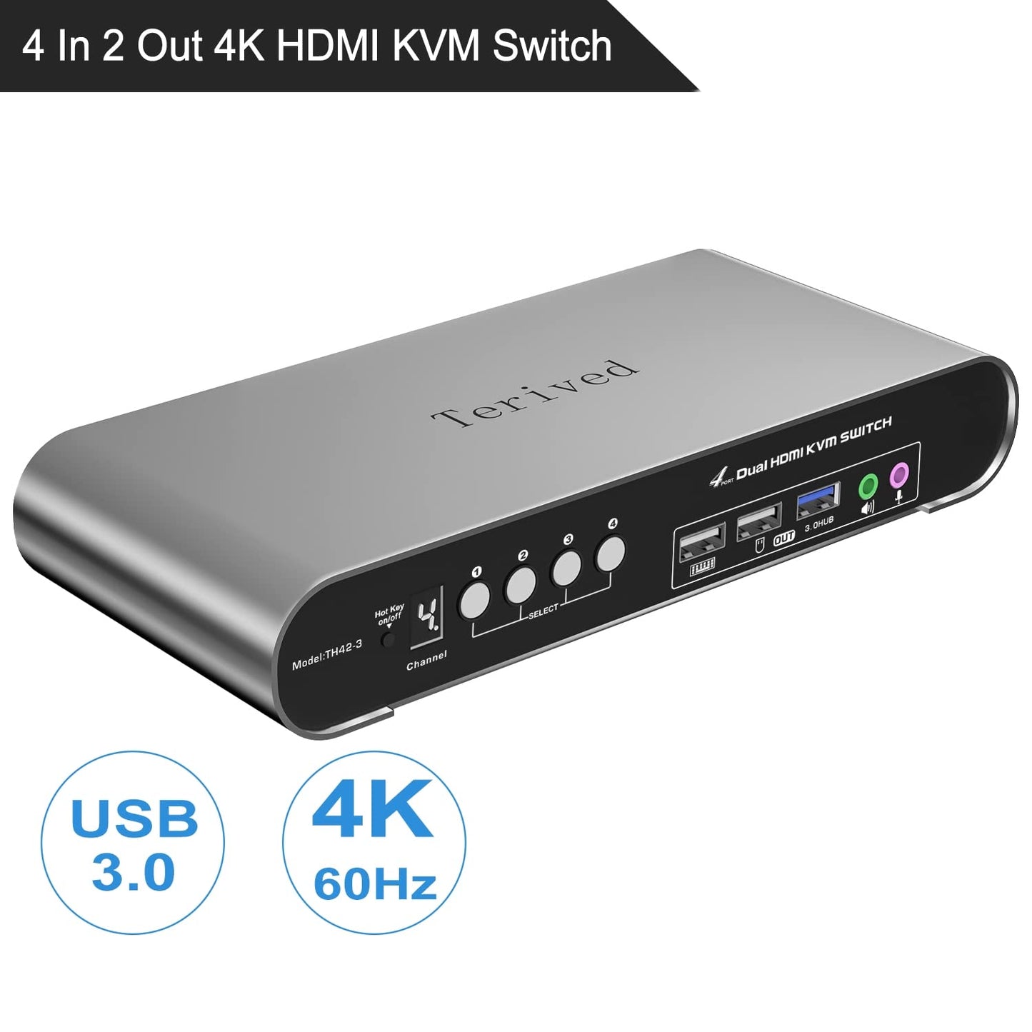 4 Computers 2 Monitors USB 3.0 HDMI KVM Switch 4K@60Hz with Hotkey Switching, Automatic Switching 4 Port Dual Monitor, Aluminum, Digital Display, USB 3.0 Audio/Mic, EDID, HDR10 with Cables