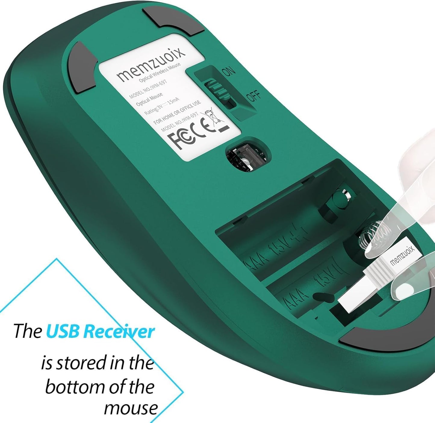 memzuoix 2.4G Wireless Mouse, 1400 DPI Computer Mice USB Receiver, Portable Wireless USB Mouse Battery Powered Cordless Mice for Laptop, PC, Desktop, 5 Buttons (Dark Green)