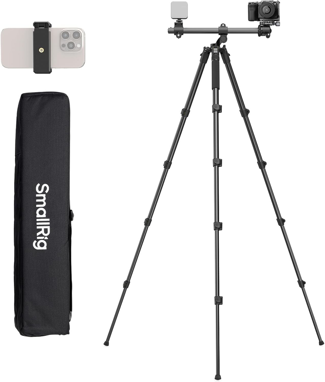 SmallRig CT25 64.5"/164cm Horizontal Overhead Tripod for Camera with Smartphone Holder & Carrying Bag, 22lb Max Load Aluminum Horizontal Camera Tripod for Overhead Shots