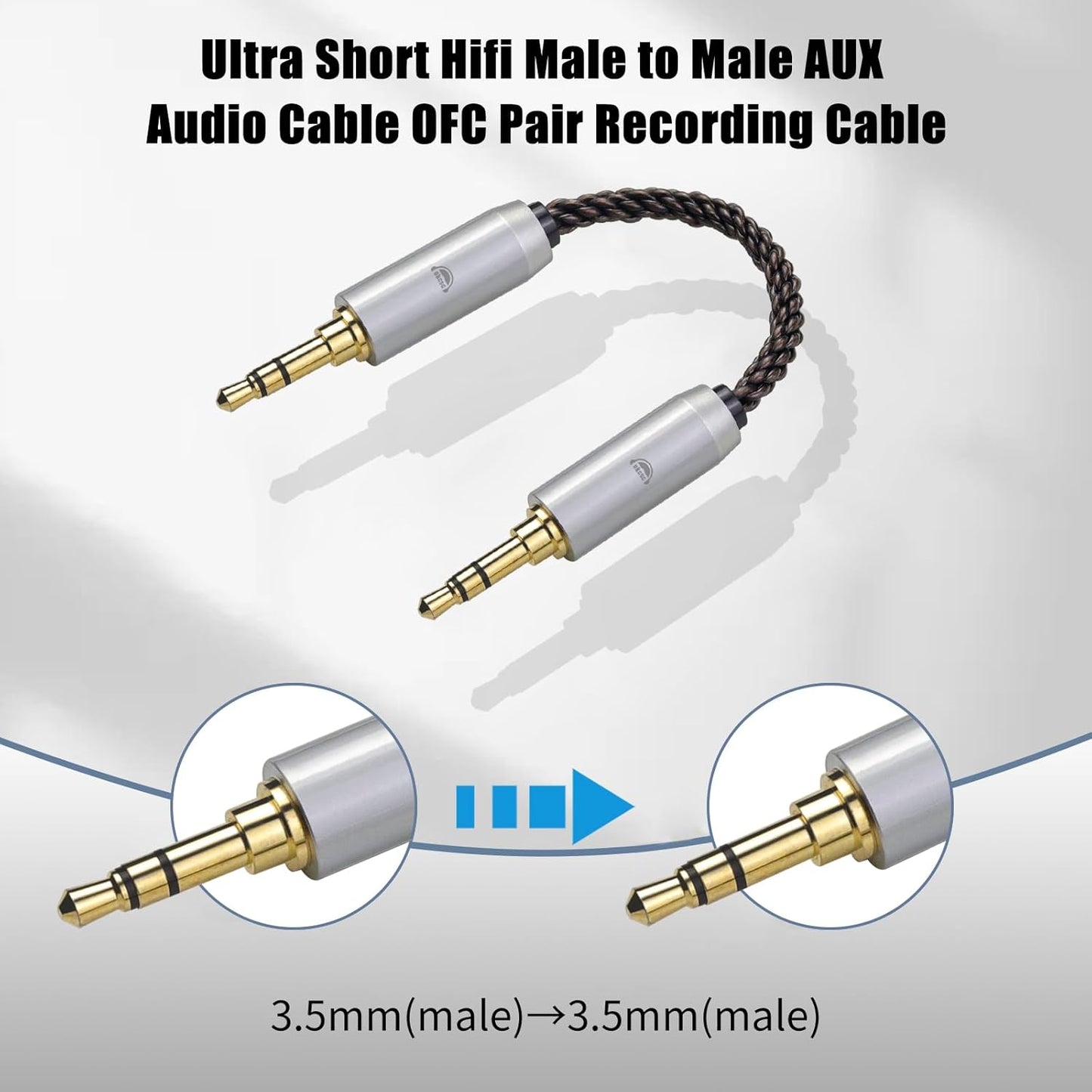 okcsc 3.5MM Male to 3.5MM Male Ultra Short Hifil Male to Male AUX Audio Cable OFC Pair Recording Cable Wire-Breakage-Prevention Design Adoption of 8-Core Braided Structure 5.82 inch