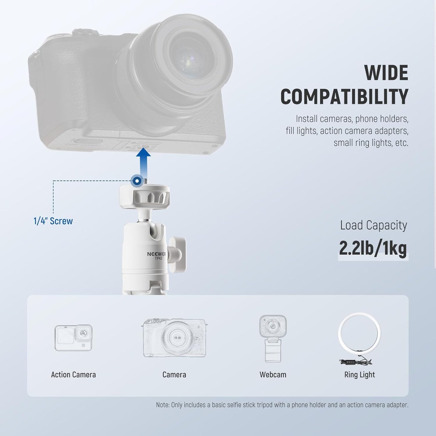 NEEWER Basics Mini Desk Selfie Stick Tripod Compatible with iPhone GoPro Insta360 DJI, Portable Small Camera Webcam Android Cell Phone Holder Ball Head Elevated Axis Video Recording Stand, TP43 White