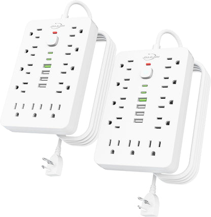 2 Pack 6 FT Flat Plug Surge Protector Power Strip,11 Multiple AC Outlets with 6 USB Ports (2 USB C), 6 Feet Extension Cord, 1250W/10A, One Touch Switch Button, 17 in 1 Compact powerstrip