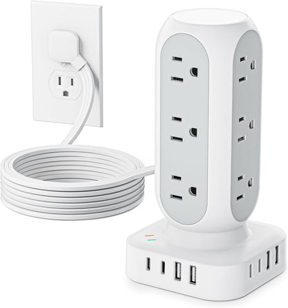 Tower Power Strip with Surge Protection, Flat Plug Outlet Extender with 12 AC Outlets & 8 USB Ports, 5 FT Extension Cord with Multiple Outlets, 24W Total Charging Station for Home Office Dorm Room